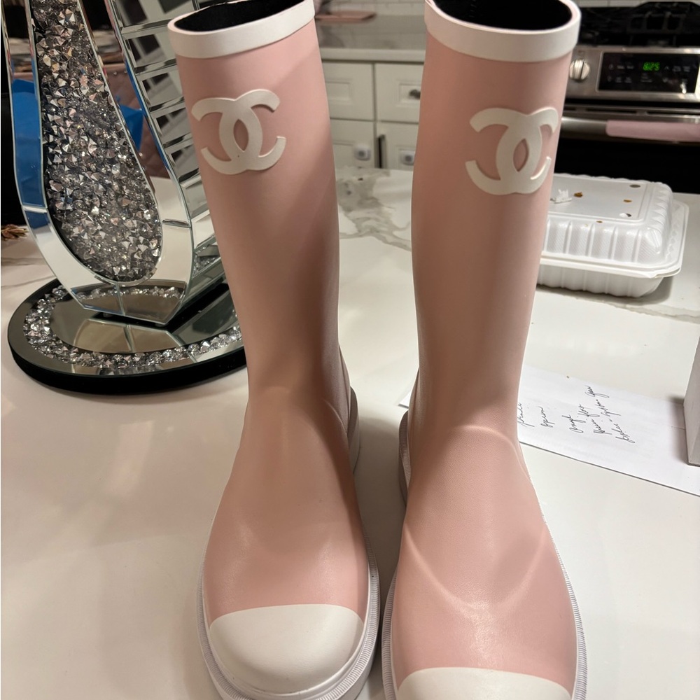 CHANEL Light Pink and White Rain Boots
